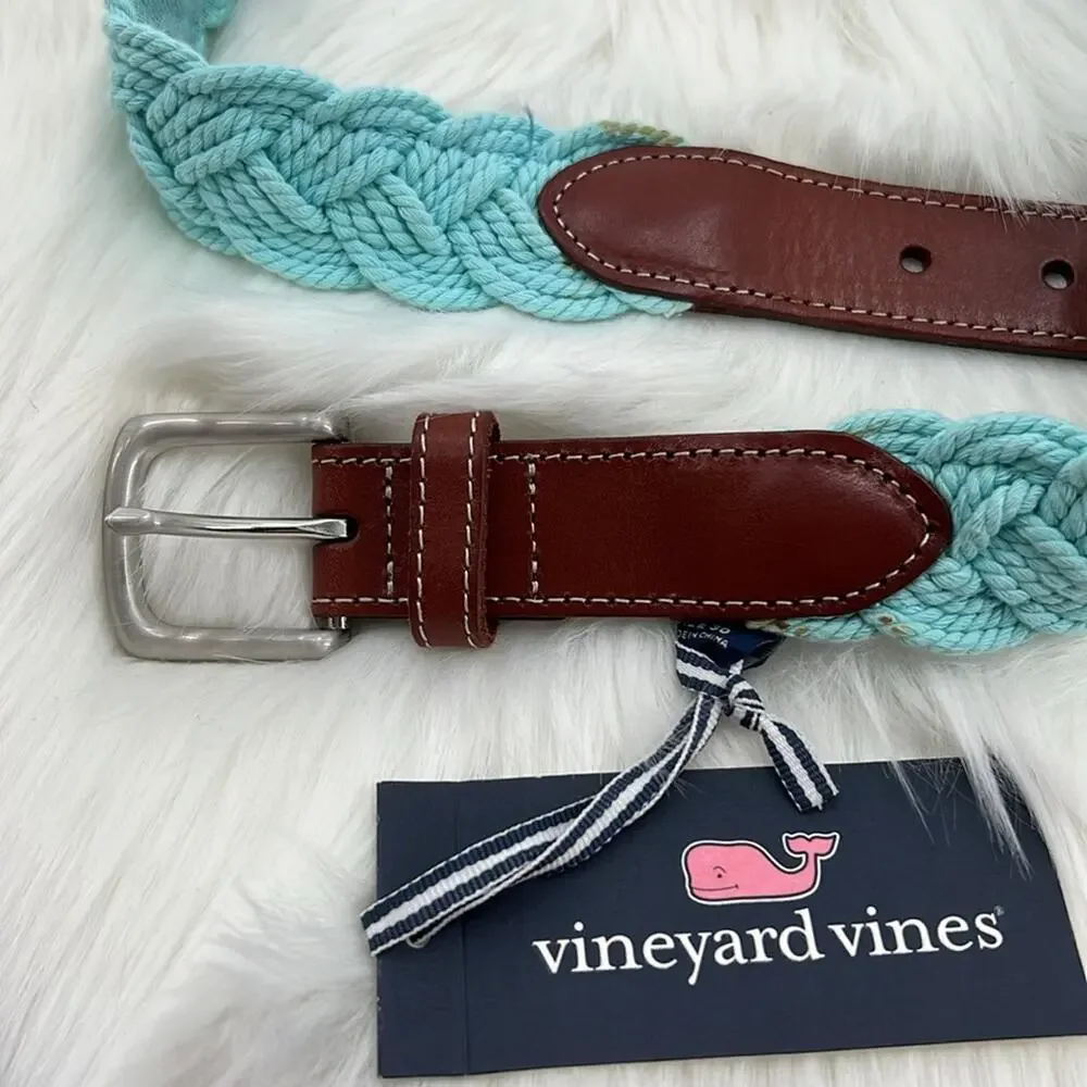 Vineyard Vines Men's Braided Rope Belt with Leather - Crystal Blue - 30 - NWT
